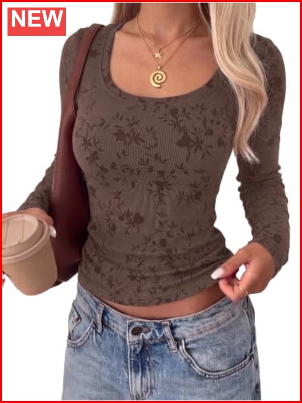 Ribbed Floral Scoop Neck Long Sleeve Slim Fit Top